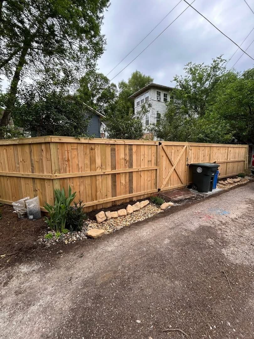Wood Privacy Fence and Dry Creek Bed Drainage Fix image