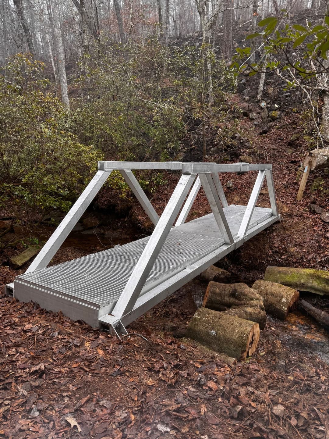 Wooden footbridge over a small stream in a forest, surrounded by fall leaves and trees.